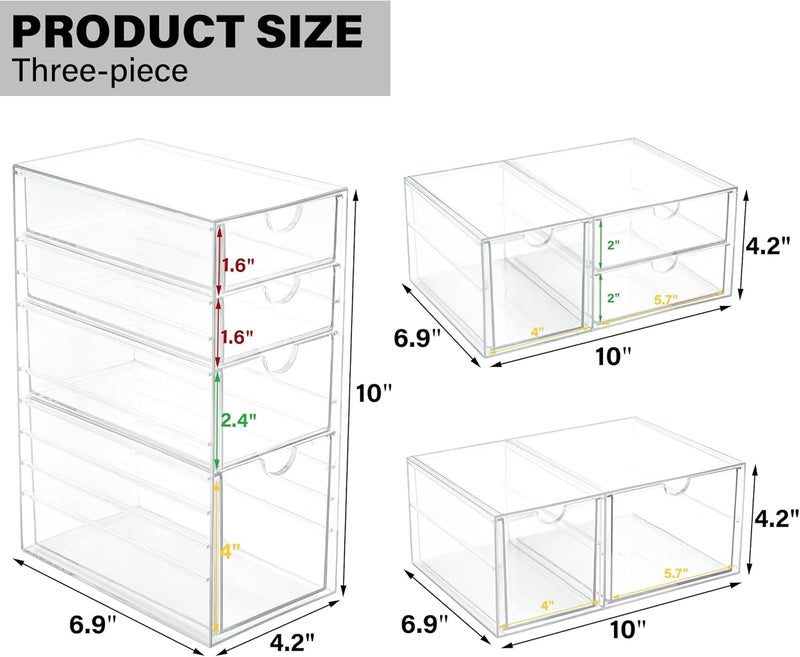 Prsildan Acrylic Drawer Makeup Organizer with 9 Drawers, Set of 3 Office Desk Organizers Accessories, Clear Stackable Storage Drawers for Vanity, Countertop, Craft, Jewelry, Art Supply Organization - Image 3